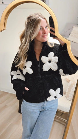 Cozy Blooms Sherpa Jacket - Black