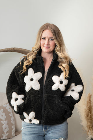 Cozy Blooms Sherpa Jacket - Black