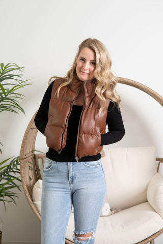 Faux Leather Cropped Vest - Brown