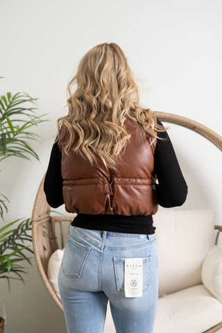 Faux Leather Cropped Vest - Brown