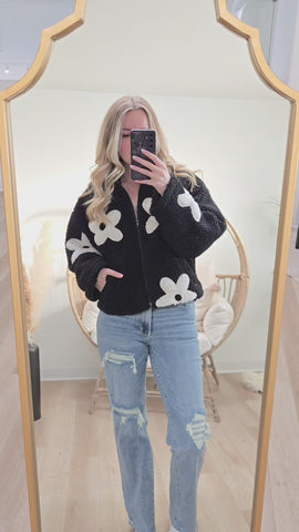 Cozy Blooms Sherpa Jacket - Black