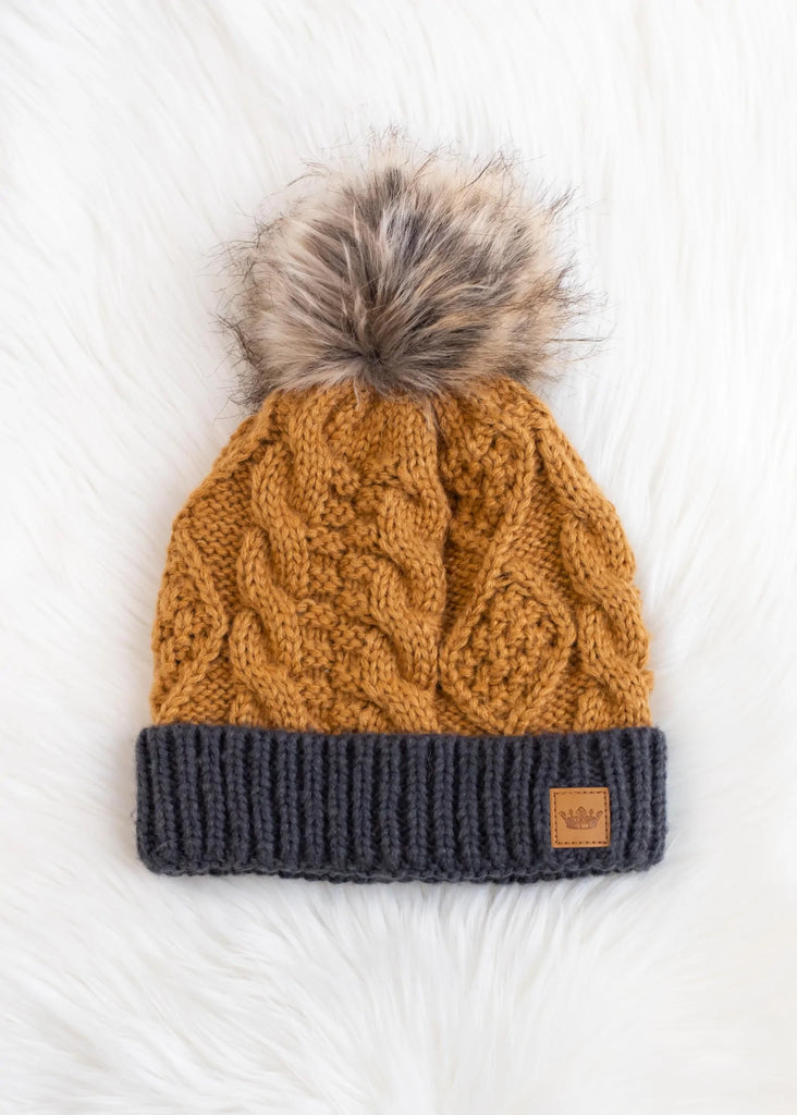 Cable Knit Beanie - Mustard/Charcoal